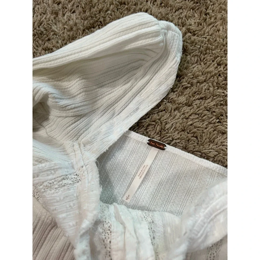 Free People White Lace Ribbed Long Sleeve Top Square Neck Coquette Prairie S